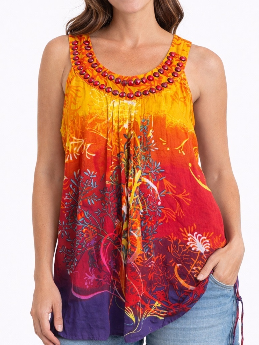 Alberto Makali Women’s L Colorful Beaded Tank Top Boho Floral Sleeveless Blouse